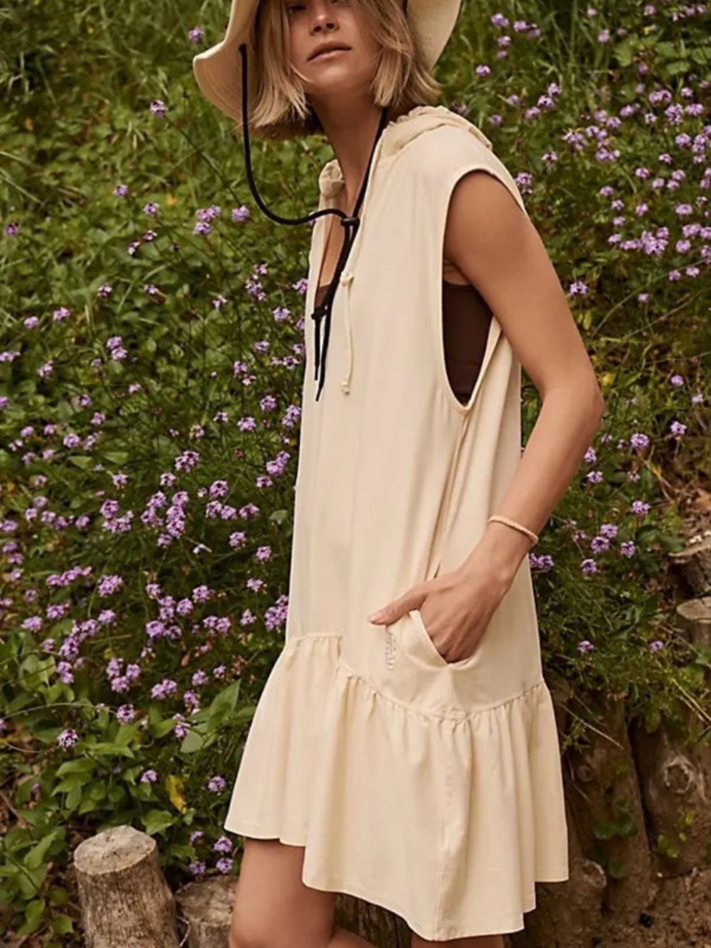 Free People Movement Hot Shot Hood Dress Yellow Cream Sleeveless Ruffle